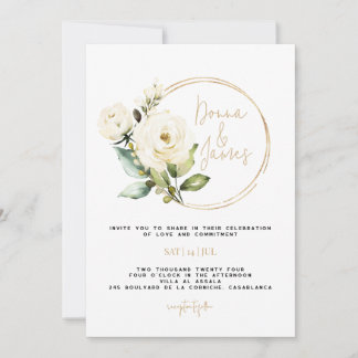 Invitación Hidrangea, floral blanca y vegetación, oro, marco