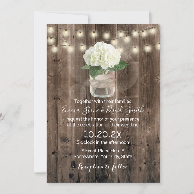 Invitación Hidrangea Flower Mason Jar Rustic Barn Boda (Anverso)
