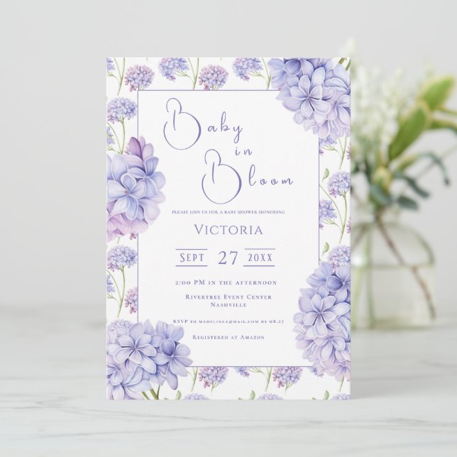 Invitación Hidrangea Púrpura Bebé en Baby Shower en Bloom (Anverso de pie)