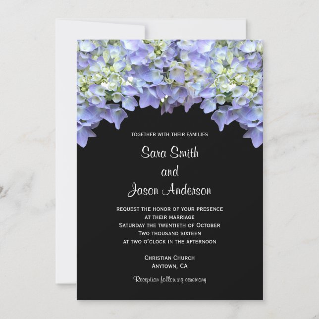 Invitación Hidrangea púrpura en el Boda de fondo negro (Anverso)