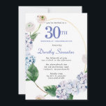 Invitación Hidrangea Rosa 30.º Fiesta de cumpleaños<br><div class="desc">Flores de hortensias azules y rosas de flores ruidosos decoran un marco oval dorado. Un botánico moderno abierto y aireado.</div>