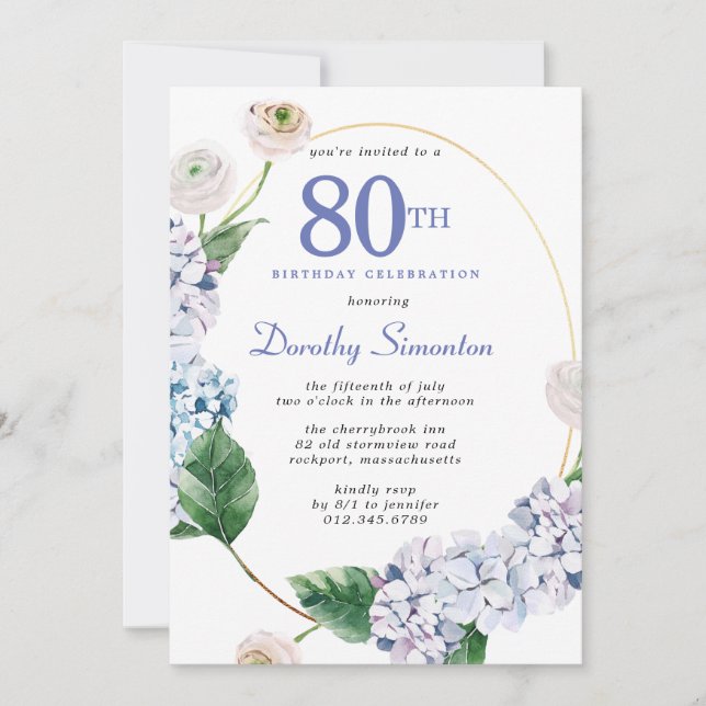 Invitación Hidrangea Rosa 80ª fiesta de cumpleaños (Anverso)