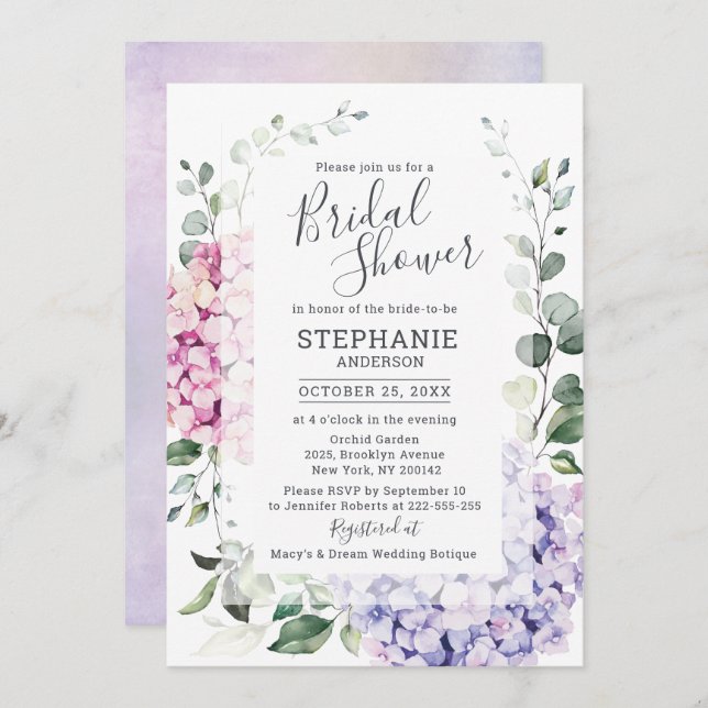 Invitación Hidrangea rosa azul claro Eucalyptus Ducha de novi (Anverso / Reverso)