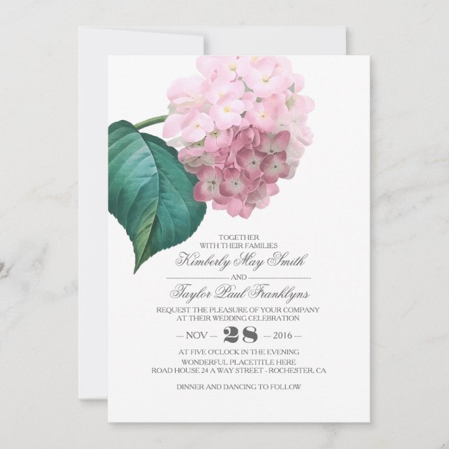 Invitación Hidrangea rosa Boda floral vintage (Anverso)