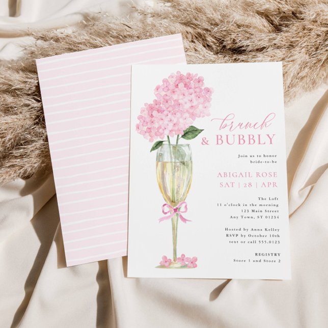 Invitación Hídrangea rosa Brunch y Bubbly Champagne Glass (Subido por el creador)