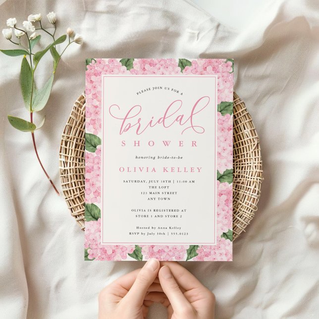 Invitación Hidrangea rosa Flores caligrafía ducha de novia (Subido por el creador)
