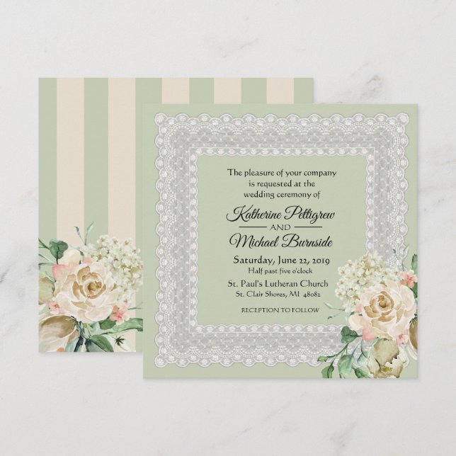 Invitación Hidrangea Rosas Floral Lace Sage Green Boda (Anverso / Reverso)