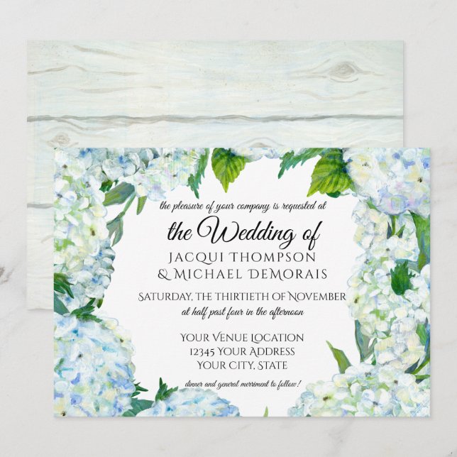 Invitación Hidrangea Rústica Azul y Blanca Wreath Floral Made (Anverso / Reverso)