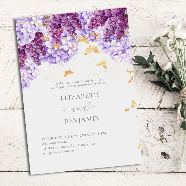 Invitación Hidrangea Rústica Mariposas Lilac Elegante Boda (Subido por el creador)