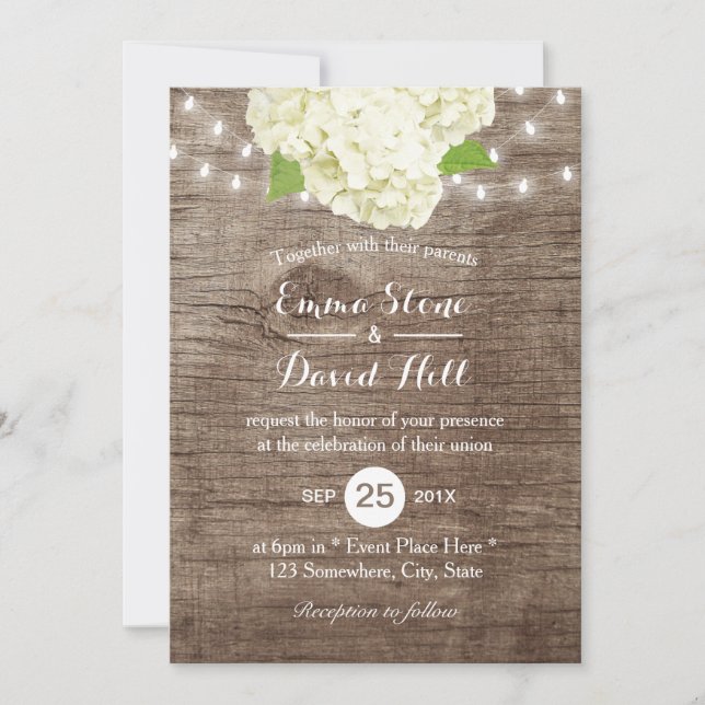 Invitación Hidrangea Rústica y String Luces Barn Wood Boda (Anverso)