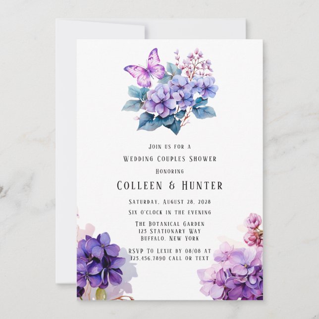 Invitación Hidrangea Violeta Floral Mariposa Boda Ducha (Anverso)