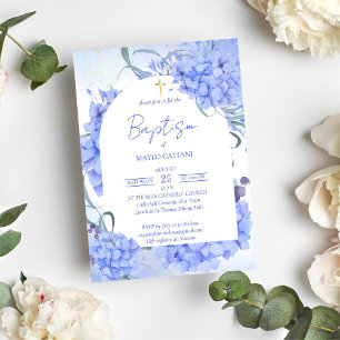 Invitación Hidrangeas azules baptismo floral elegante