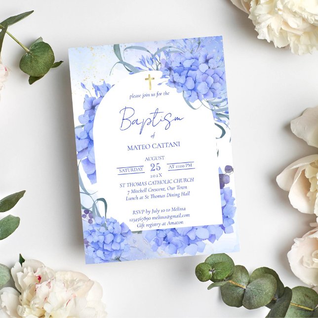 Invitación Hidrangeas azules baptismo floral elegante (Baptism christening blue hydrangeas invitation template)