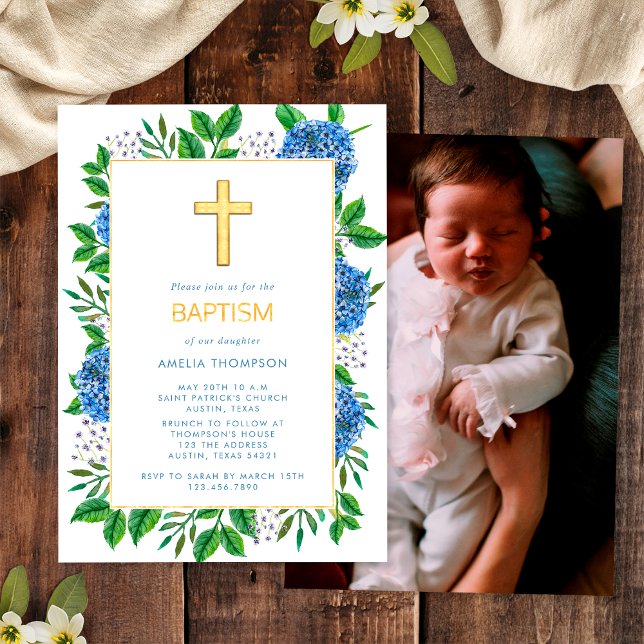Invitación Hidrangeas Azules Elegantes Foto Bautizo Cruz Dora (Front / Back)