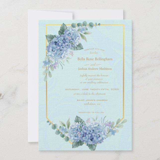 Invitación Hidrangeas azules en Boda de marco en azul (Anverso)