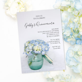 Invitación Hidrangeas azules en Jar Vase Quinceanera Fiesta