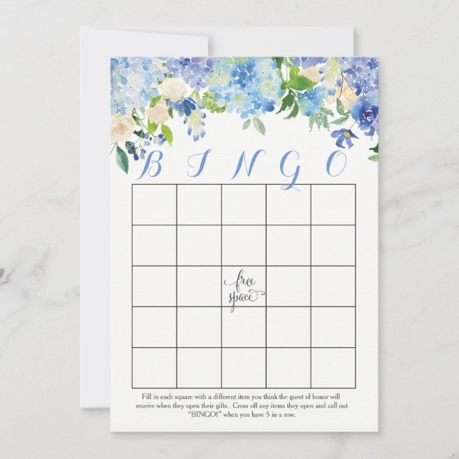 Invitación hidrangeas azules Floral Bridal Shower Bingo Cards (Anverso)
