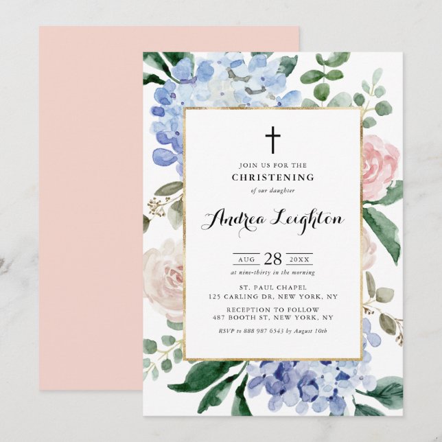 Invitación Hidrangeas azules y cristianismo rosa (Anverso / Reverso)