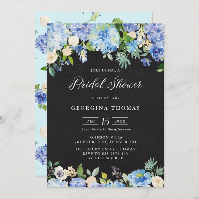 Invitación Hidrangeas azules y Rosas Chalkboard Bridal Shower (Anverso / Reverso)