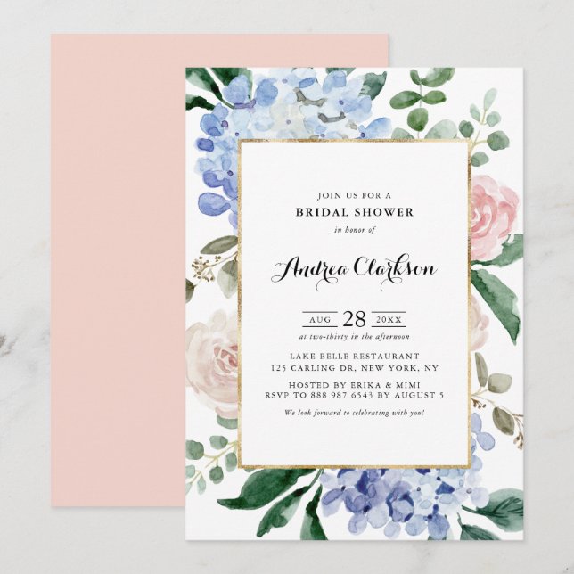 Invitación Hidrangeas azules y rosas rosadas duchas de novias (Anverso / Reverso)