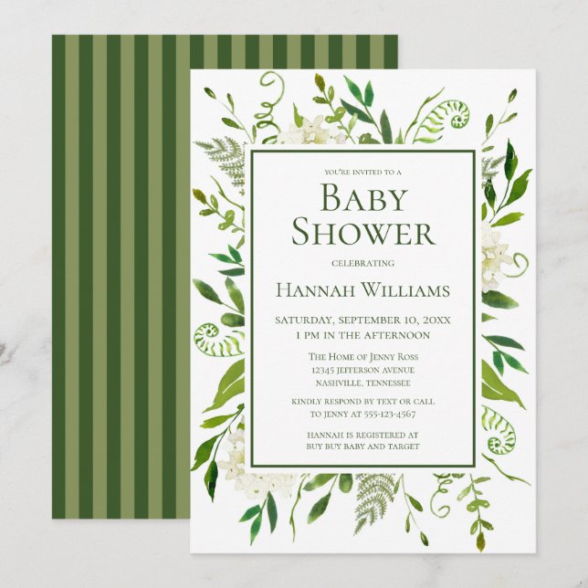 Invitación Hidrangeas blancas acuarela floral Baby Shower (Anverso / Reverso)