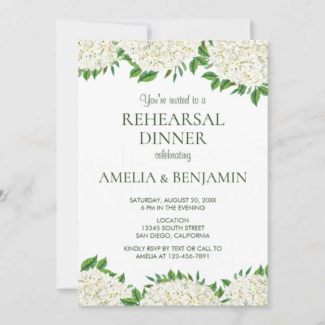 Invitación Hidrangeas Blancas Elegante Ensayo De Boda Cena (Anverso)