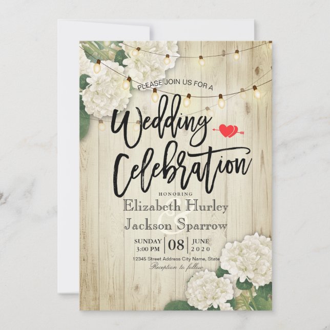 Invitación Hidrangeas Floral Rústica Boda de luz de cuerda de (Anverso)