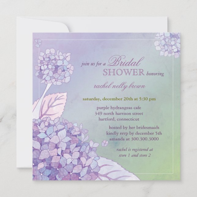 Invitación Hidrangeas Púrpura Moderna Ducha Bridal Floral (Anverso)