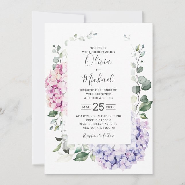 Invitación Hidrangeas rosa azul claro y boda de eucalipto (Anverso)
