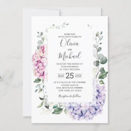 Invitación Hidrangeas rosa azul claro y boda de eucalipto