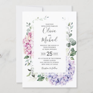 Invitación Hidrangeas rosa azul claro y boda de eucalipto