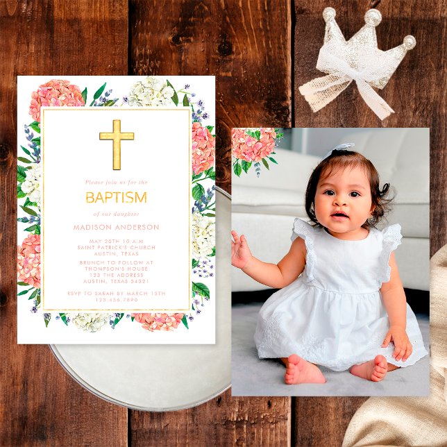 Invitación Hidrangeas Rosadas Elegantes Cruz Dorada Foto Baut (Front / Back)