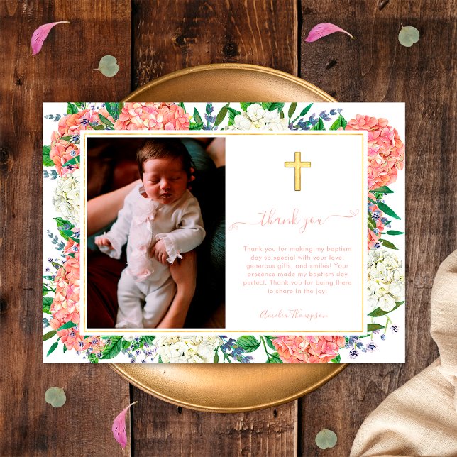 Invitación Hidrangeas Rosadas Elegantes Cruz Dorada Foto Baut (Subido por el creador)