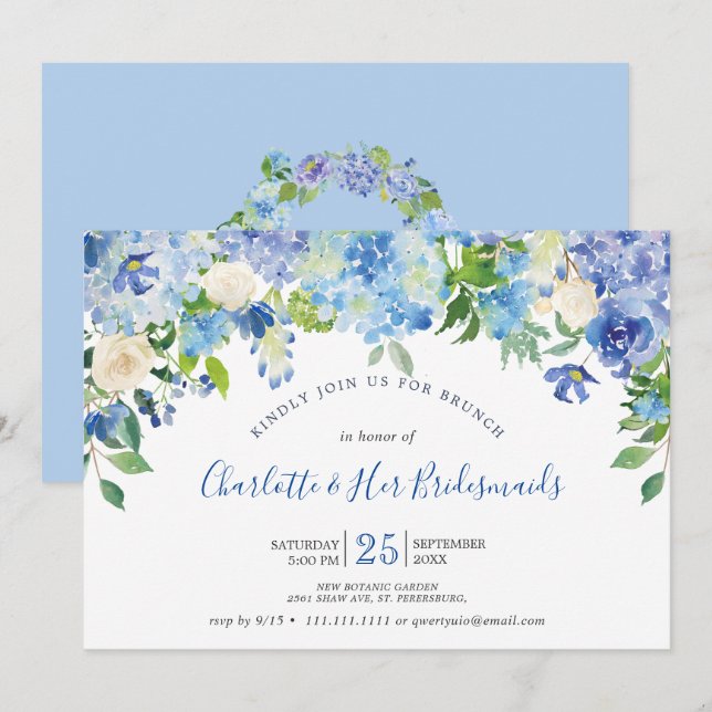 Invitación Hidrángulos azul claro Verdor Bridesmaids Brunch (Anverso / Reverso)
