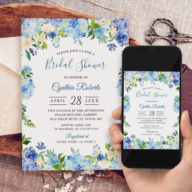 Invitación Hidrángulos Azules Claros Floral Wreath Brillante  (Subido por el creador)