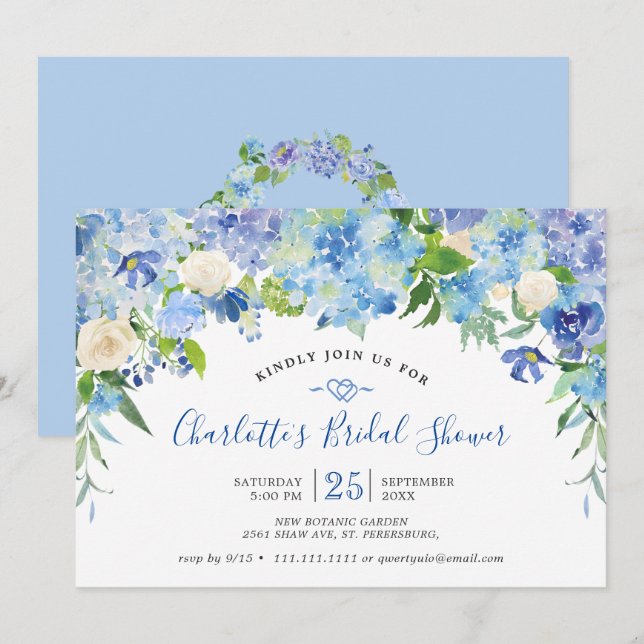Invitación Hidrángulos Azules Claros Verdor Ducha Bridal (Anverso / Reverso)