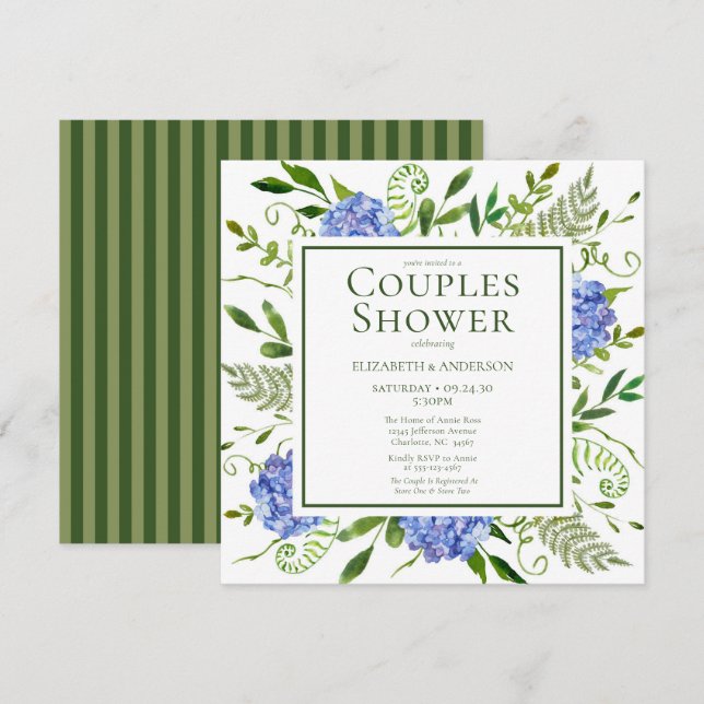 Invitación Hidrángulos Azules Hidrocolor Floral Ducha Pareja (Anverso / Reverso)