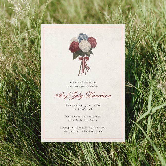 Invitación Hidrángulos azules rojos 4 de julio Luncheon (Subido por el creador)