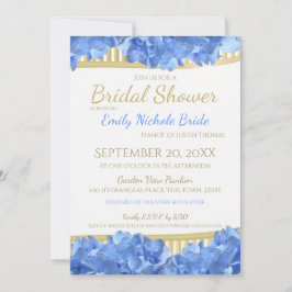 Invitación Hidrángulos azules y rayas doradas Ducha de novia