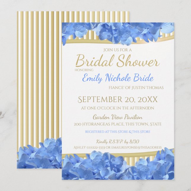 Invitación Hidrángulos azules y rayas doradas Ducha de novia (Anverso / Reverso)