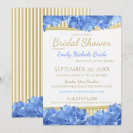 Invitación Hidrángulos azules y rayas doradas Ducha de novia