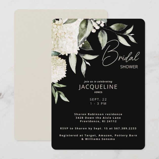 Invitación Hidrángulos blancos negros y crema Ducha de novia  (Anverso / Reverso)