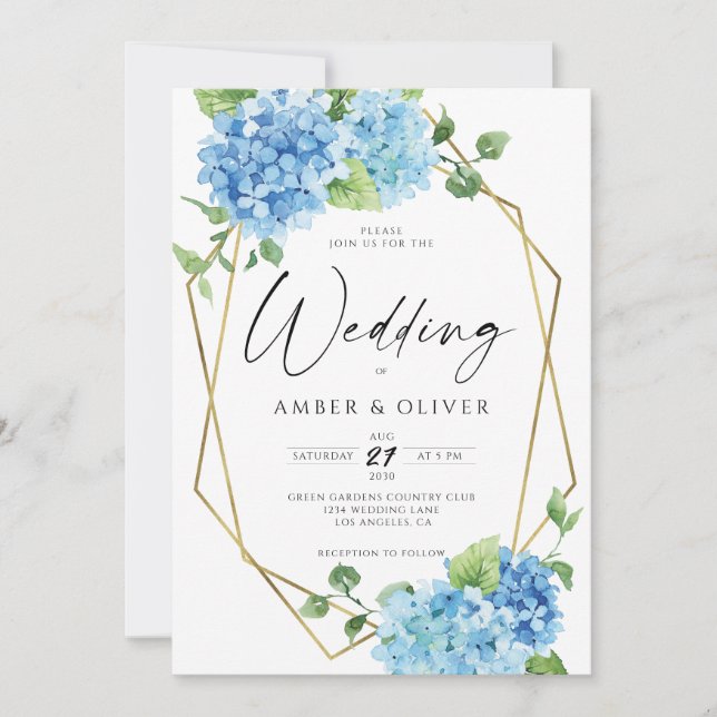 Invitación Hidrángulos florales azules Boda elegante oro mode (Anverso)