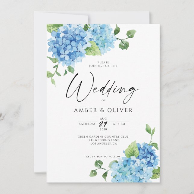 Invitación Hidrángulos Florales Azules Elegante Boda Azul Pol (Anverso)