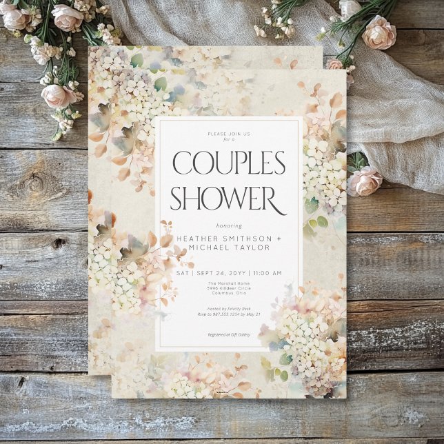Invitación Hidrángulos Neutrales Románticos Ducha de Parejas (Subido por el creador)