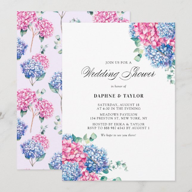 Invitación Hidrángulos rosa y azul acuarela Ducha de matrimon (Anverso / Reverso)