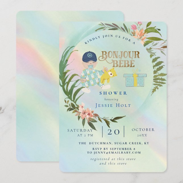 Invitación Hídrico acuarela Holograma Bonjour Boy bebé (Anverso / Reverso)