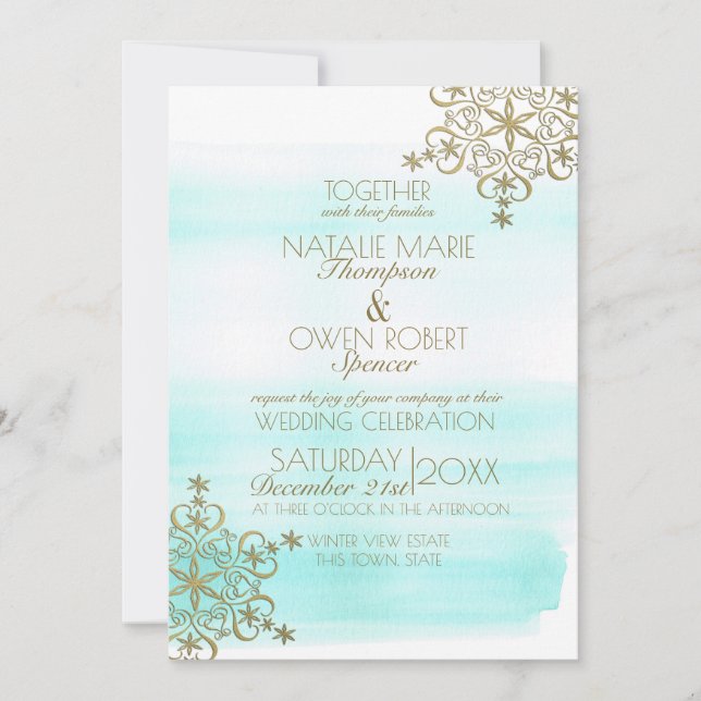 Invitación Hielo acuático y copos de nieve dorados Boda de in (Anverso)