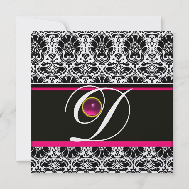 Invitación Hielo Ametista BLANCO NEGRO ROSA DAMASK MONOGRAM (Anverso)