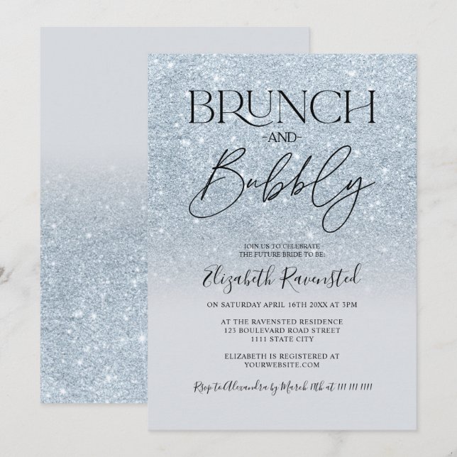 Invitación Hielo azul purpurina moda brunch burbujeante ducha (Anverso / Reverso)